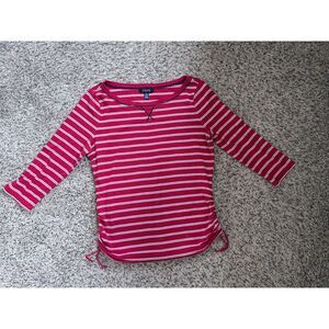 Chaps Active Red White Striped 3/4‎ Sleeve Top Ruched Sides Size L